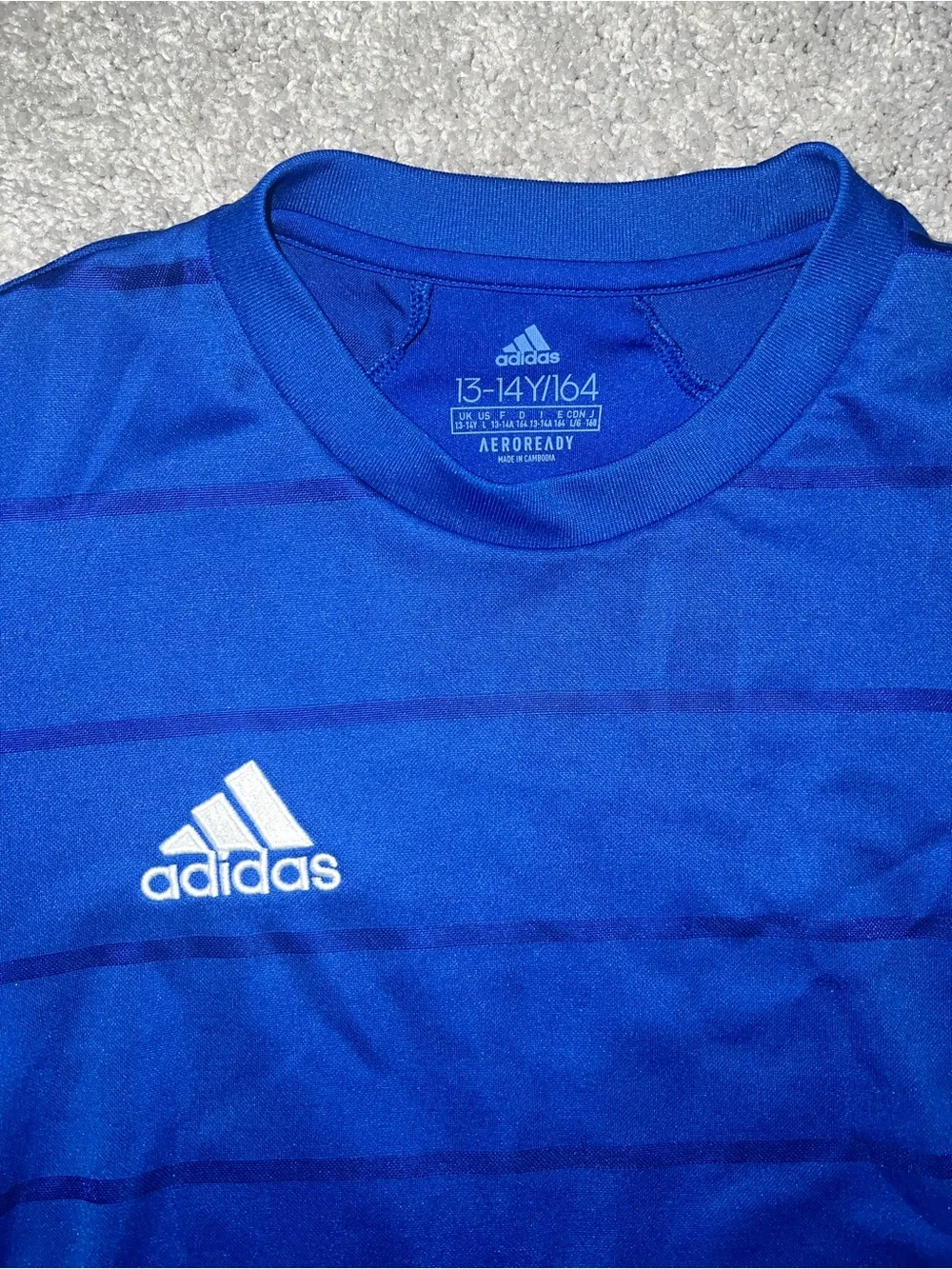 adidas Blue Short Sleeve Athletic Tee with White Stripes
